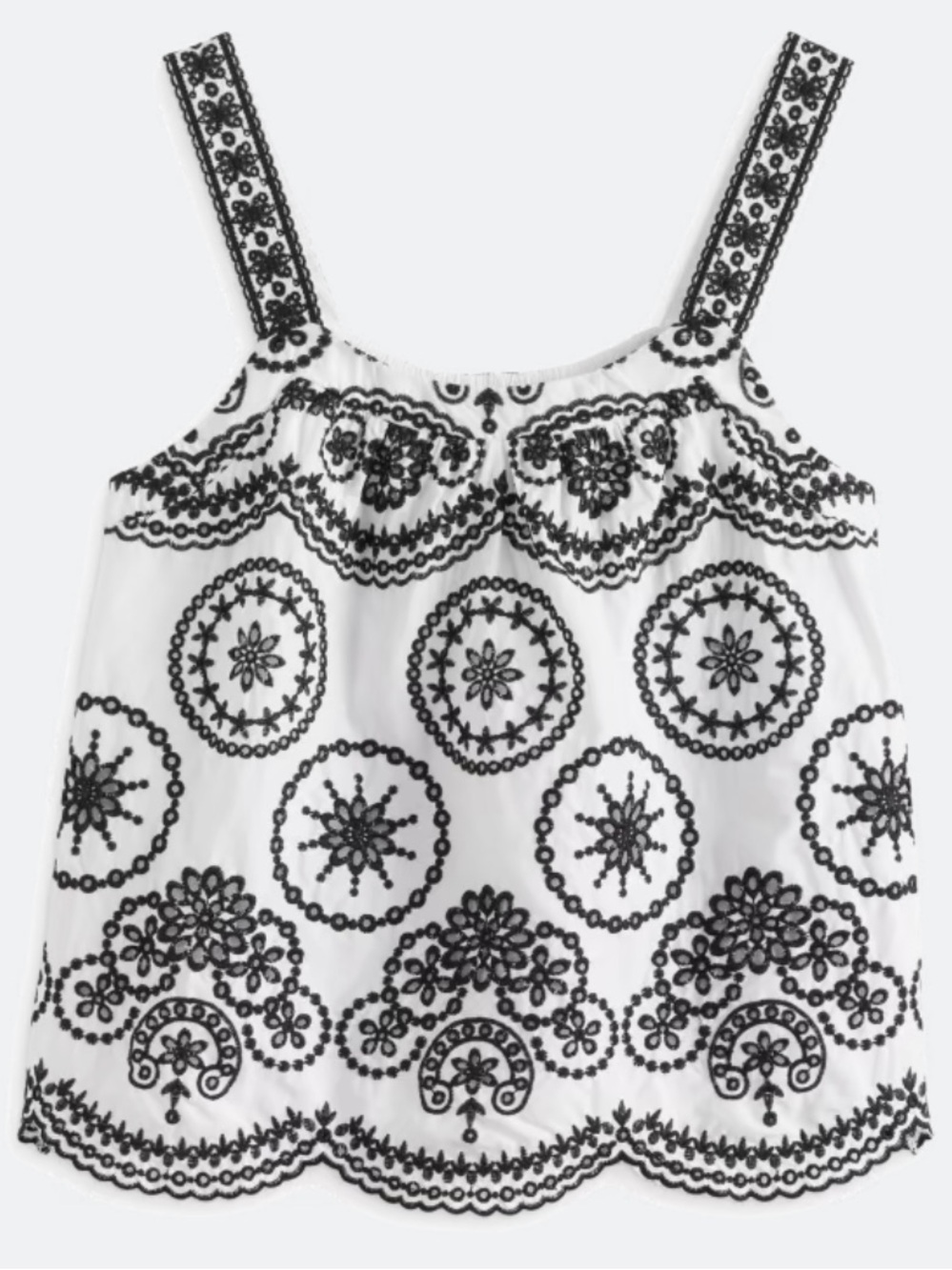 Design History Brady Tank in White with Black Embroidered Medallion Pattern